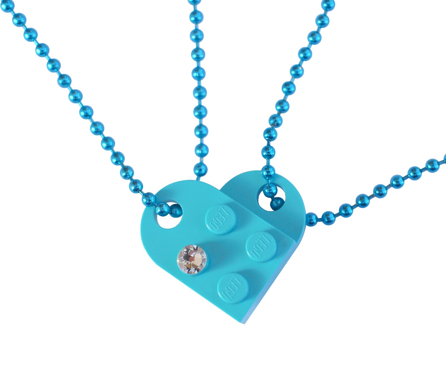 Turquoise Blue 2 piece customizable LEGO® heart made from 2 LEGO® plates with a 'Diamond' color SWAROVSKI® crystal on 2 Blue ballchains