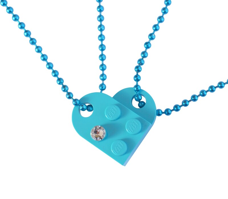 Turquoise Blue 2 piece customizable LEGO® heart made from 2 LEGO® plates with a &#39;Diamond&#39; color SWAROVSKI® crystal on 2 Blue ballchains