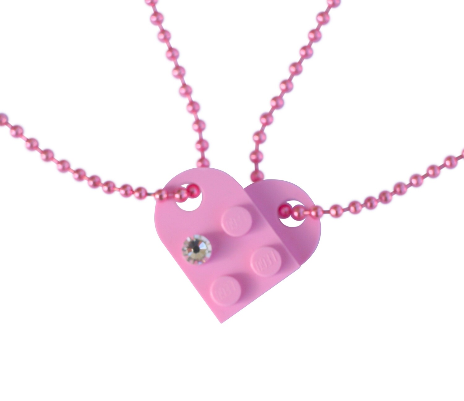 Light Pink 2 piece customizable LEGO® heart made from 2 LEGO® plates with a 'Diamond' color SWAROVSKI® crystal on 2 Pink ballchains