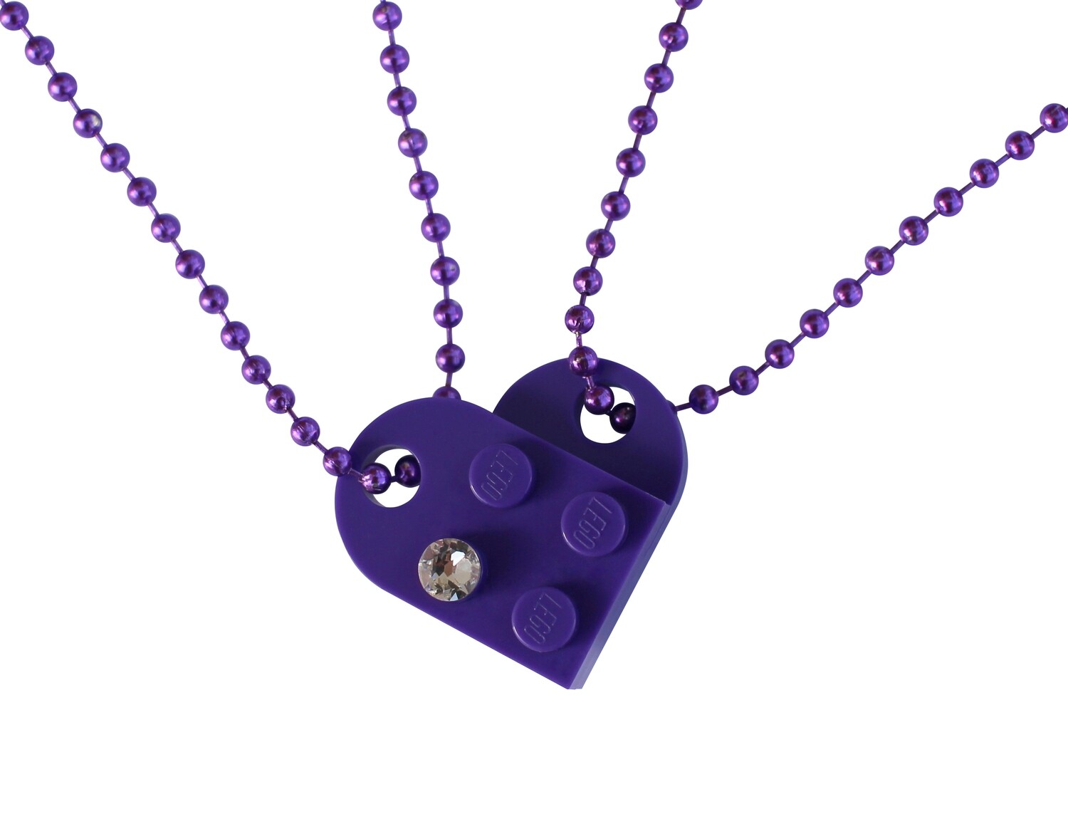 Purple 2 piece customizable LEGO® heart made from 2 LEGO® plates with a 'Diamond' color SWAROVSKI® crystal on 2 Purple ballchains