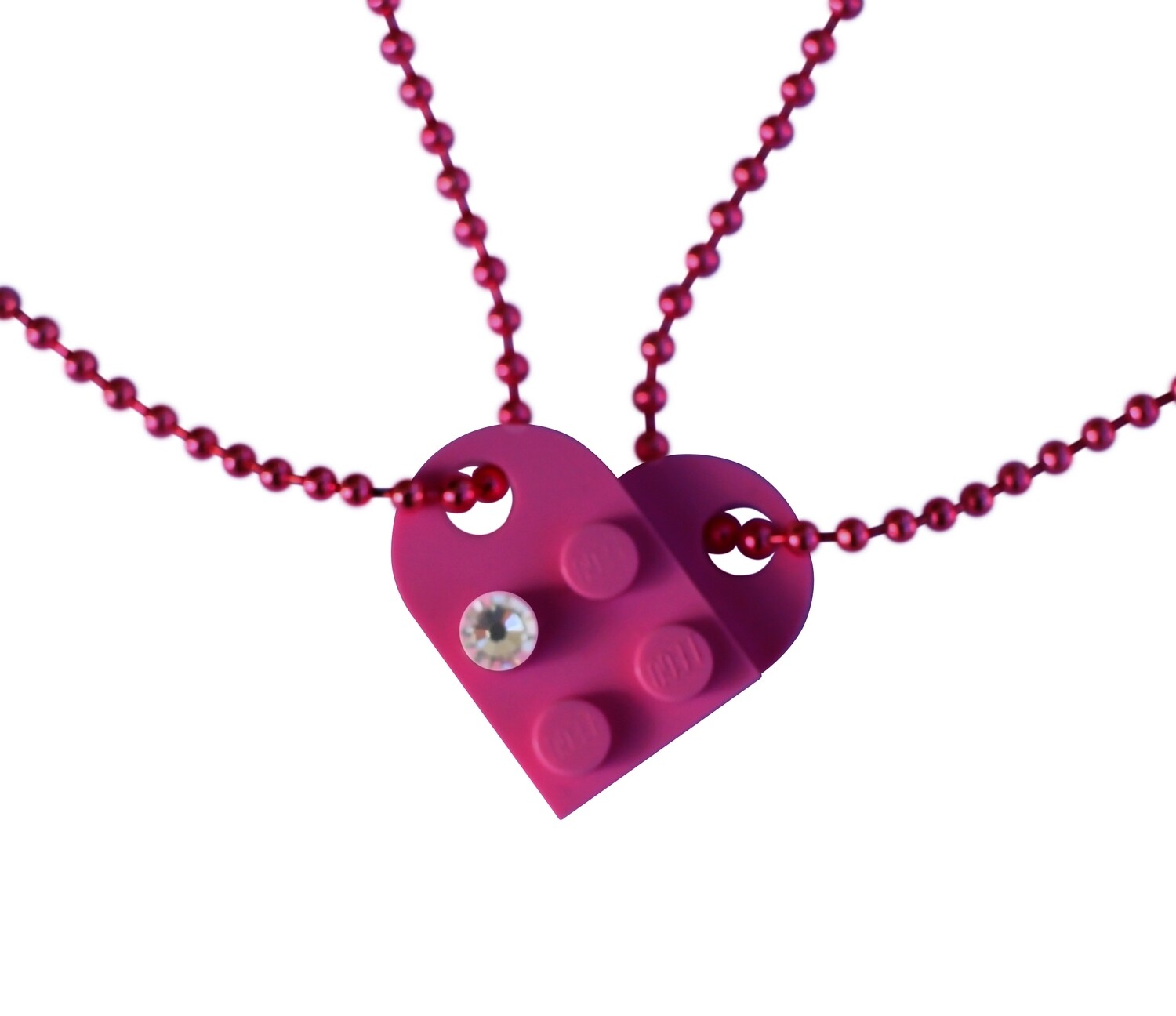 Dark Pink 2 piece customizable LEGO® heart made from 2 LEGO® plates with a &#39;Diamond&#39; color SWAROVSKI® crystal on 2 Pink ballchains