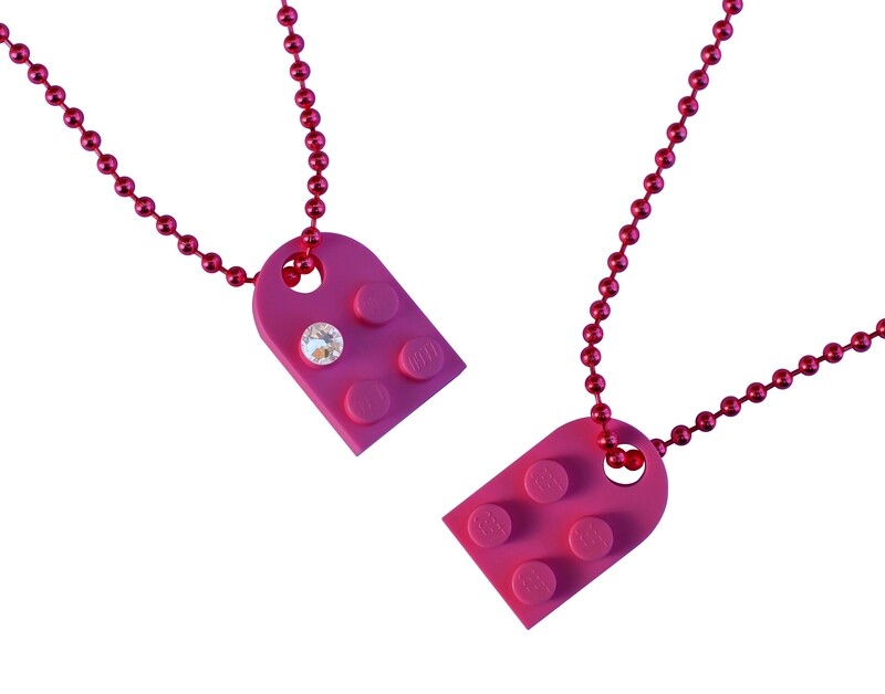 Dark Pink 2 piece customizable LEGO® heart made from 2 LEGO® plates with a 'Diamond' color SWAROVSKI® crystal on 2 Pink ballchains