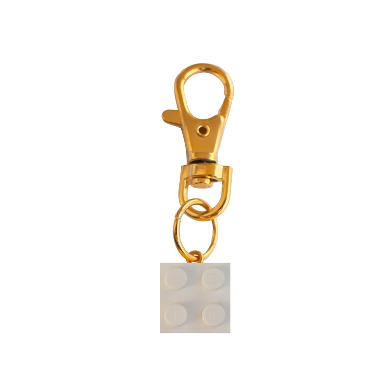 White LEGO® brick 2x2 on a Gold keyring (keychain)