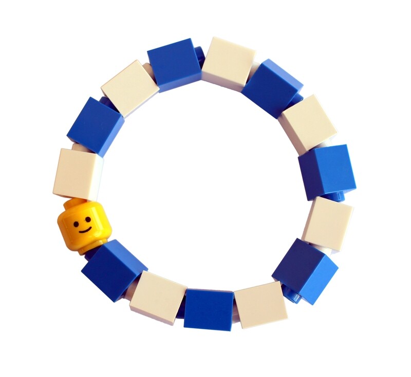 ​Collectible Kids bracelet Model 1 - made from LEGO® bricks and LEGO® Minifigure head on stretchy cords