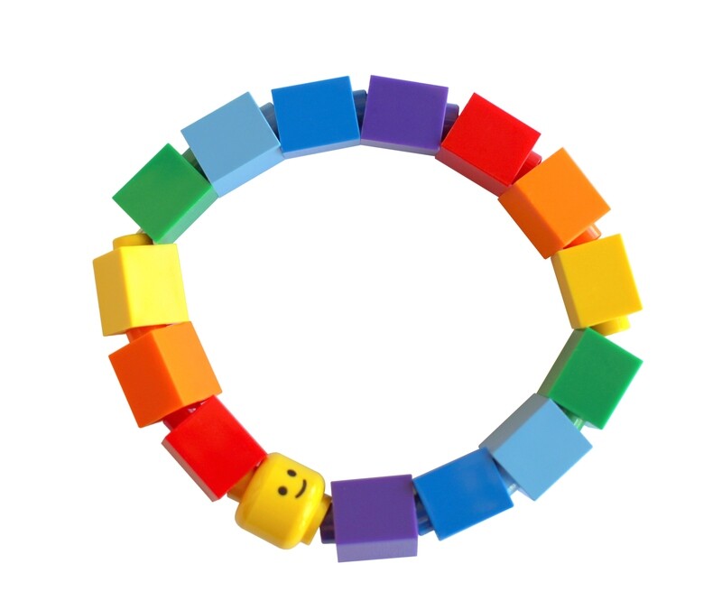 ​Collectible Kids bracelet Model 6 - made from LEGO® bricks and LEGO® Minifigure head on stretchy cords - RAINBOW