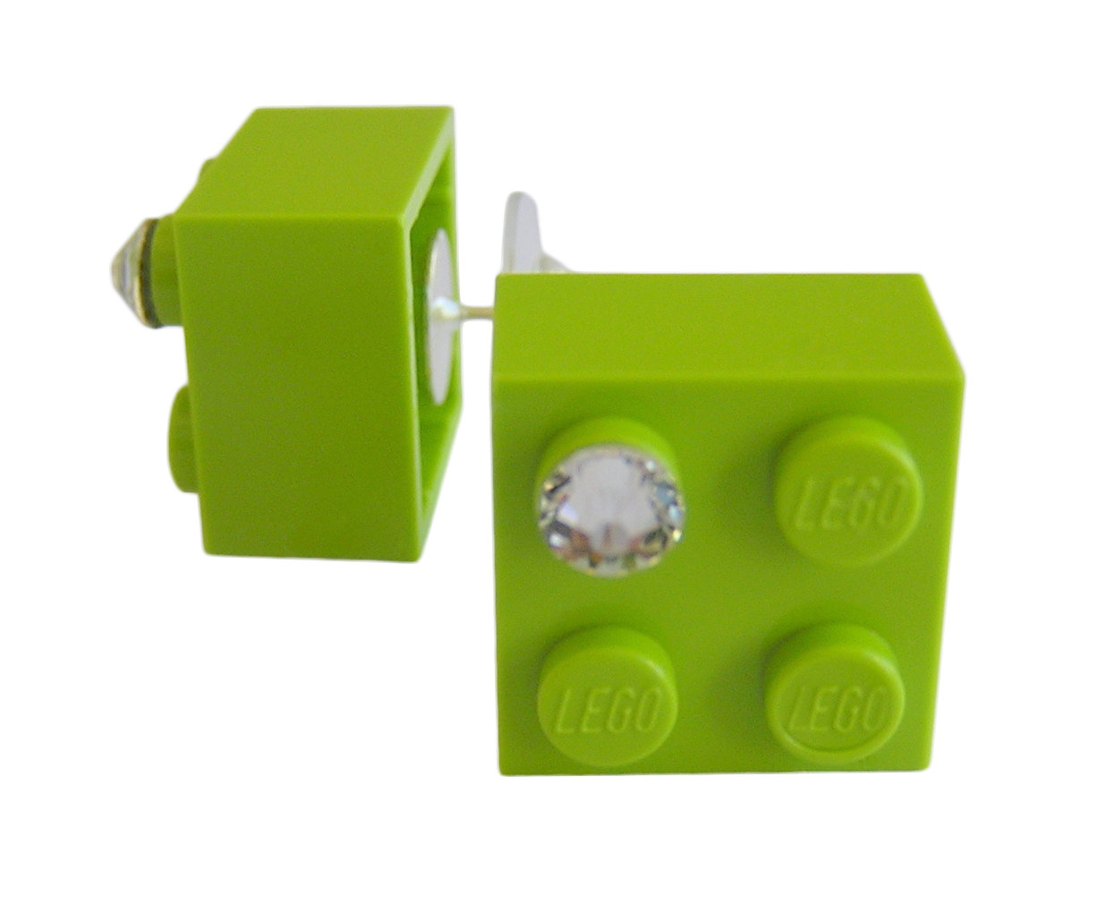 Light Green LEGO® brick 2x2 with a ‘Diamond’ color SWAROVSKI® crystal on a Silver plated stud/silicone back stopper