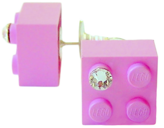 Light Pink LEGO® brick 2x2 with a ‘Diamond’ color SWAROVSKI® crystal on a Silver plated stud/silicone back stopper
