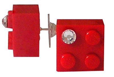 Red LEGO® brick 2x2 with a ‘Diamond’ color SWAROVSKI® crystal on a Silver plated stud/silicone back stopper