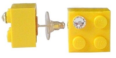 Yellow LEGO® brick 2x2 with a ‘Diamond’ color SWAROVSKI® crystal on a Silver plated stud/silicone back stopper
