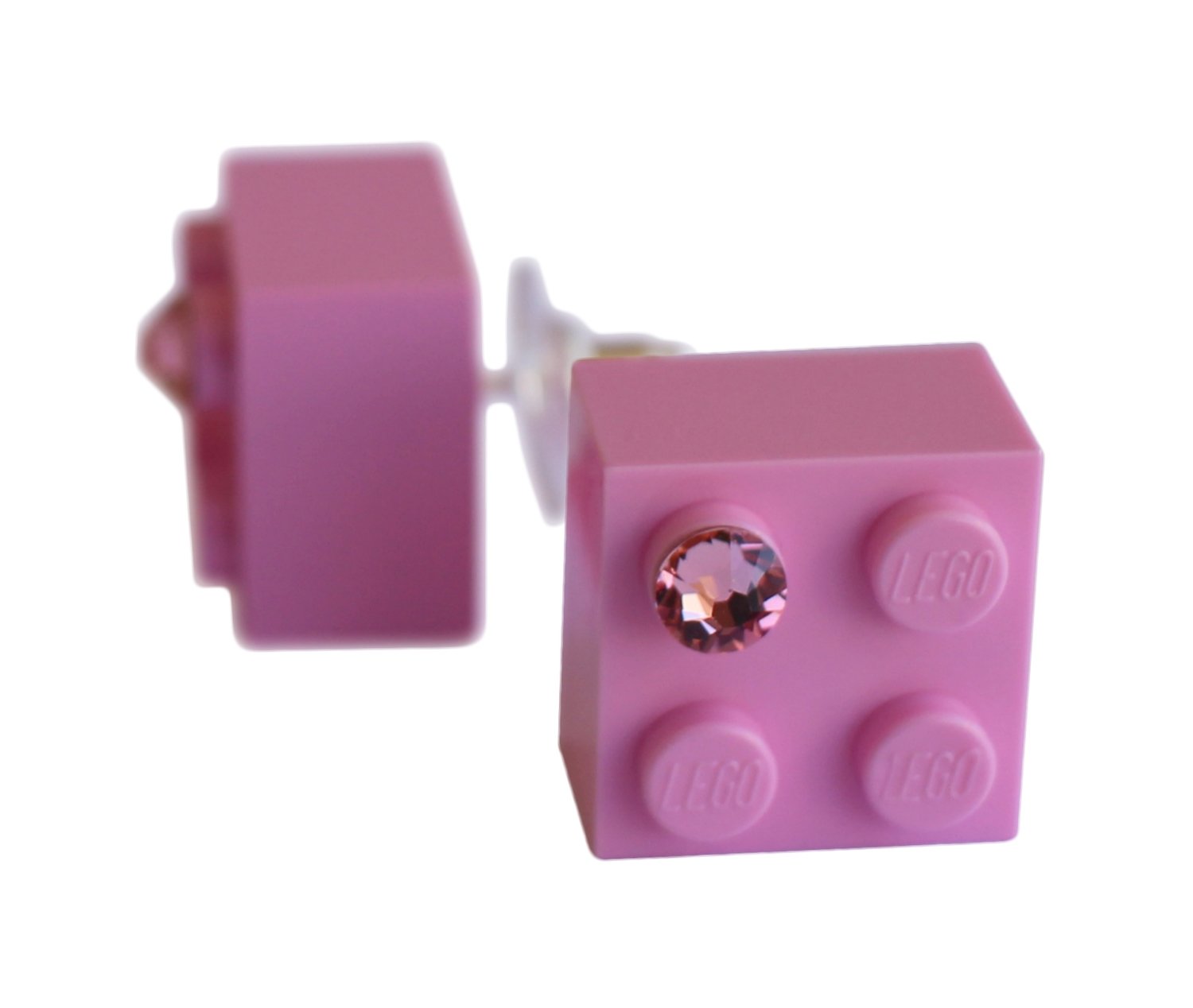 Light Pink LEGO® brick 2x2 with a Pink SWAROVSKI® crystal on a Silver plated stud/silicone back stopper