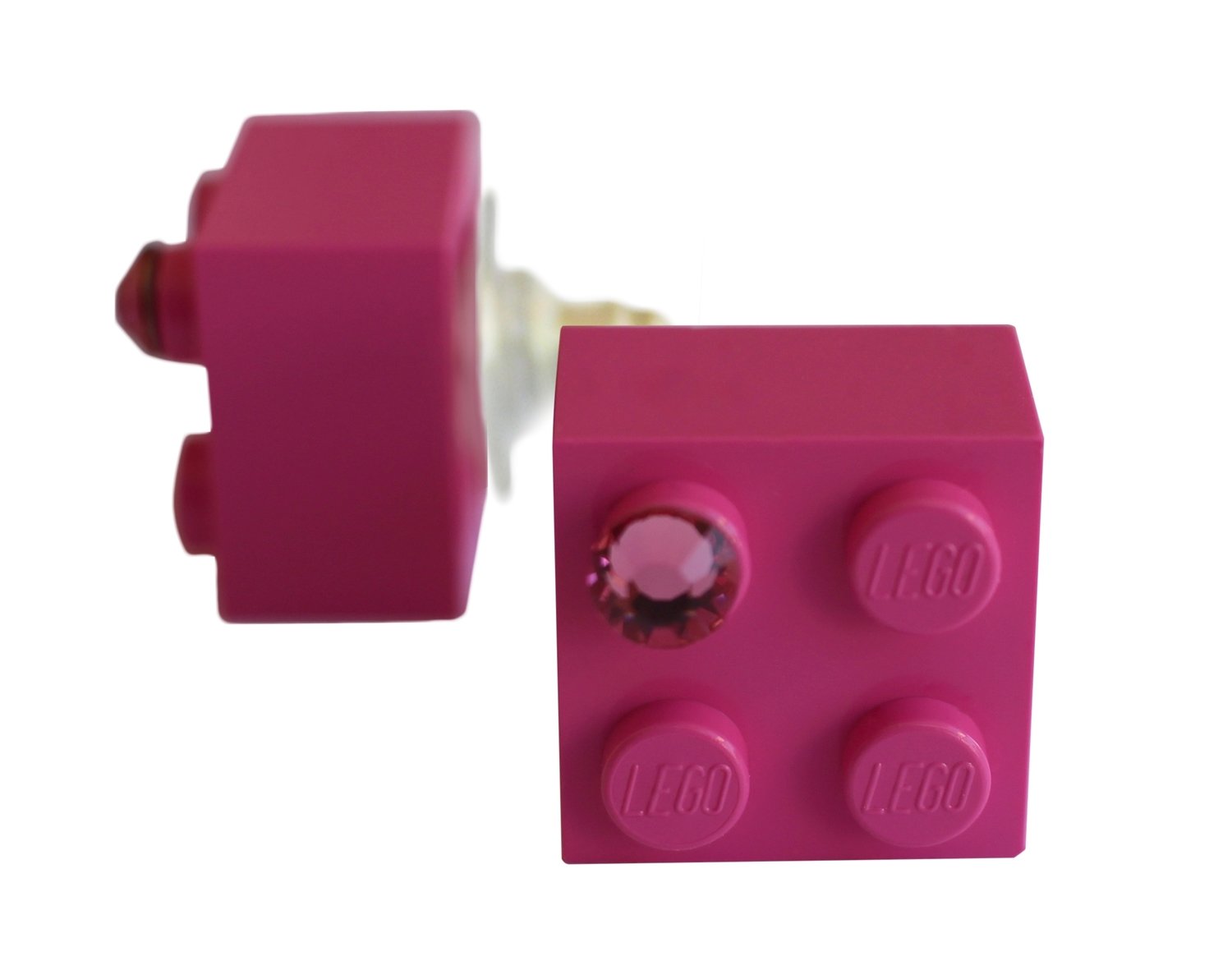 Dark Pink LEGO® brick 2x2 with a Pink SWAROVSKI® crystal on a Silver plated stud/silicone back stopper