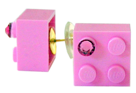 ​Light Pink LEGO® brick 2x2 with a Pink SWAROVSKI® crystal on a Gold plated stud/silicone back stopper
