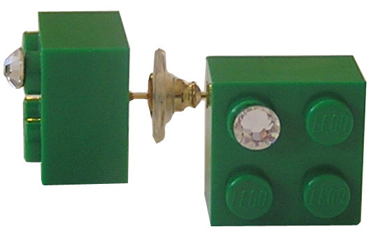 Dark Green LEGO® brick 2x2 with a ‘Diamond’ color SWAROVSKI® crystal on a Gold plated stud/silicone back stopper