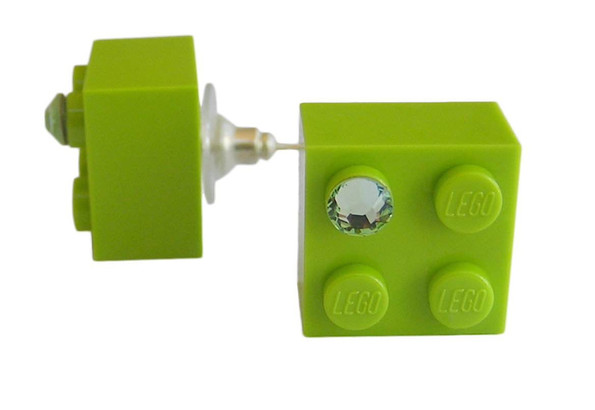 ​Light Green LEGO® brick 2x2 with a Green SWAROVSKI® crystal on a Silver plated stud/silicone back stopper
