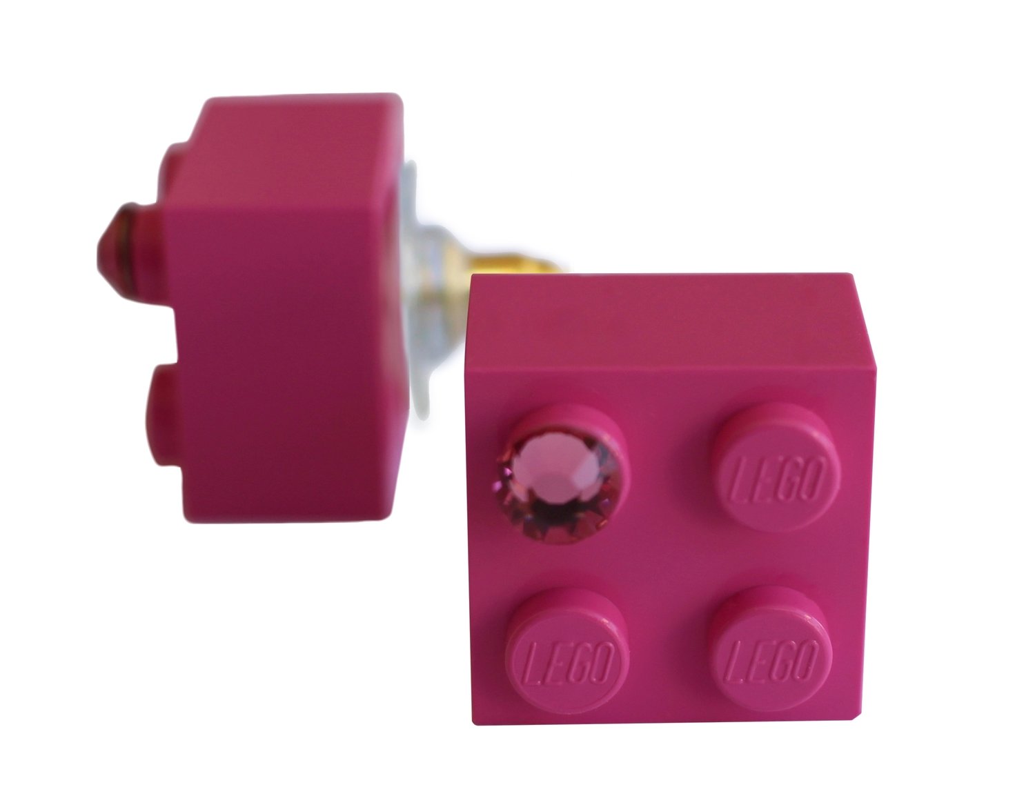 ​Dark Pink LEGO® brick 2x2 with a Pink SWAROVSKI® crystal on a Gold plated stud/silicone back stopper