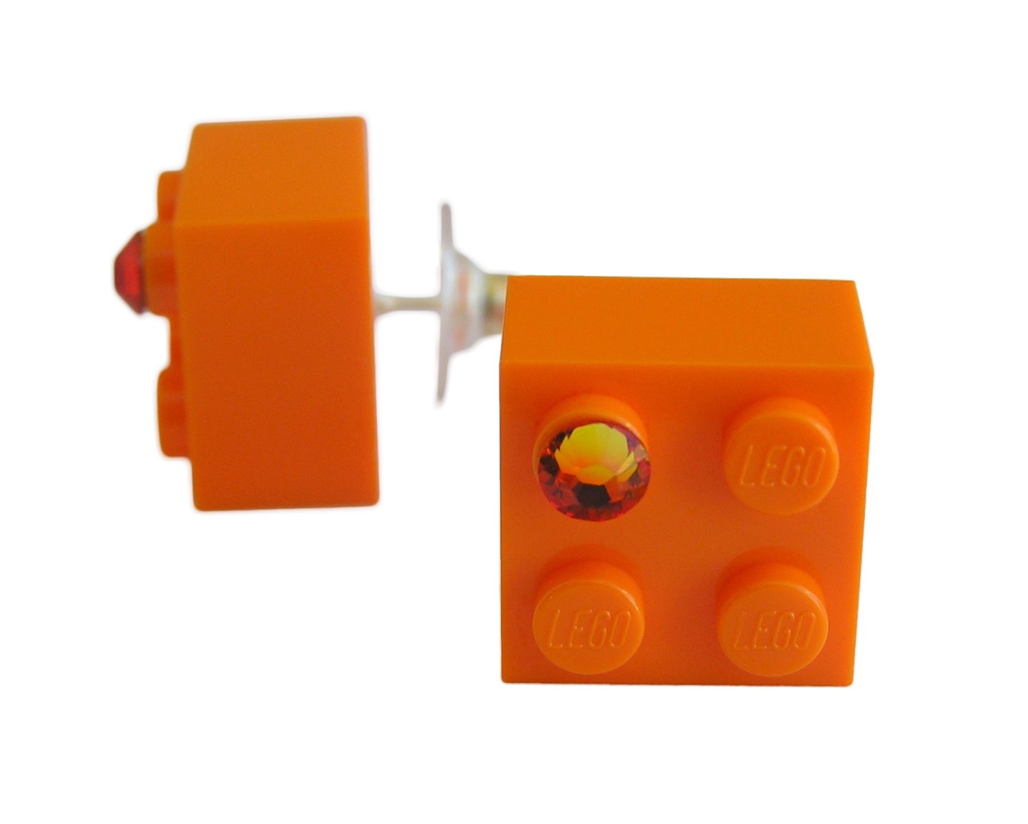 Orange LEGO® brick 2x2 with an Orange SWAROVSKI® crystal on a Silver plated stud/silicone back stopper
