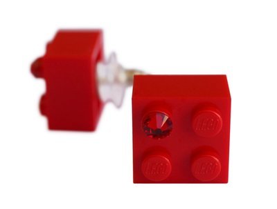 Red LEGO® brick 2x2 with a Red SWAROVSKI® crystal on a Silver plated stud/silicone back stopper