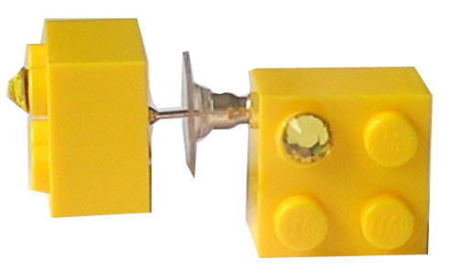 Yellow LEGO® brick 2x2 with a Yellow SWAROVSKI® crystal on a Silver plated stud/silicone back stopper