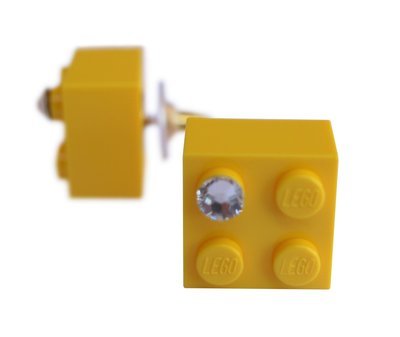 Yellow LEGO® brick 2x2 with a ‘Diamond’ color SWAROVSKI® crystal on a Gold plated stud/silicone back stopper