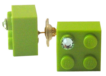 ​​Light Green LEGO® brick 2x2 with a Green SWAROVSKI® crystal on a Gold plated stud/silicone back stopper