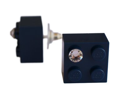 Navy Blue LEGO® brick 2x2 with a ‘Diamond’ color SWAROVSKI® crystal on a Silver plated stud/silicone back stopper