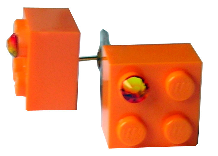 Orange LEGO® brick 2x2 with an Orange SWAROVSKI® crystal on a Gold plated stud/silicone back stopper