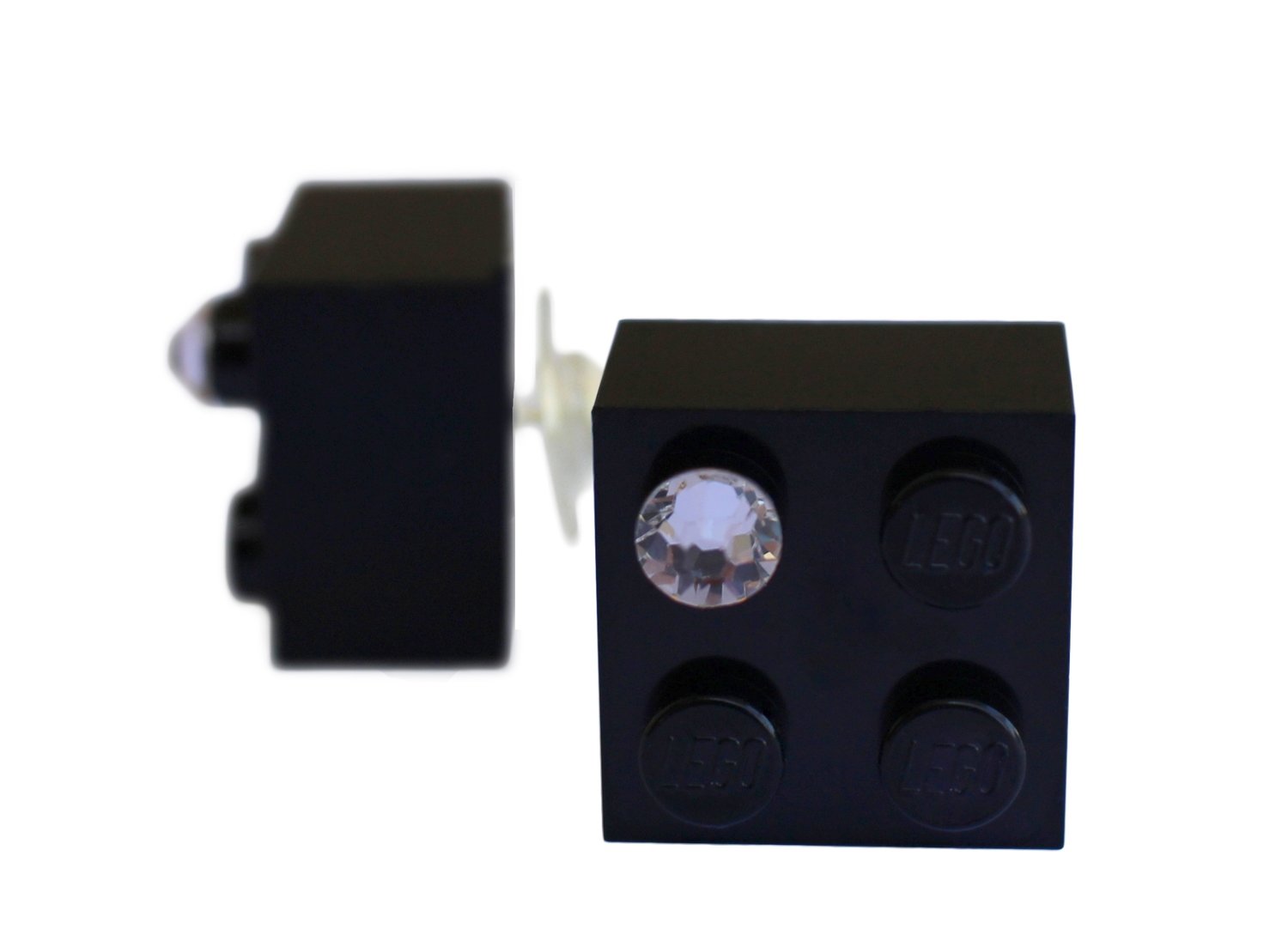 Black LEGO® brick 2x2 with a ‘Diamond’ color SWAROVSKI® crystal on a Silver plated stud/silicone back stopper