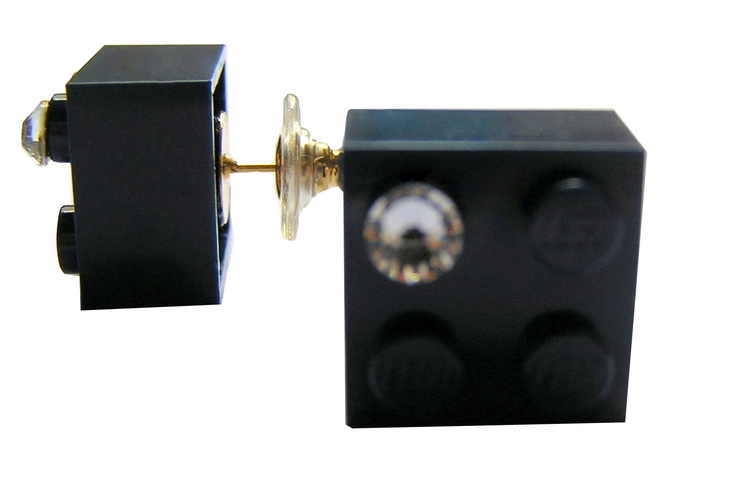 Navy Blue LEGO® brick 2x2 with a ‘Diamond’ color SWAROVSKI® crystal on a Gold plated stud/silicone back stopper