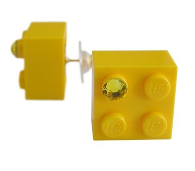 Yellow LEGO® brick 2x2 with a Yellow SWAROVSKI® crystal on a Gold plated stud/silicone back stopper