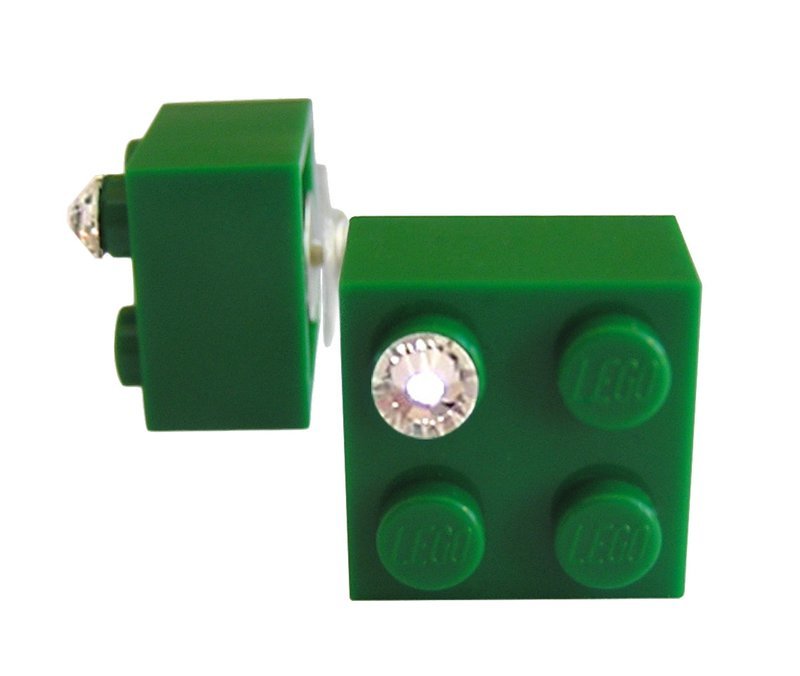 ​Dark Green LEGO® brick 2x2 with a ‘Diamond’ color SWAROVSKI® crystal on a Silver plated stud/silicone back stopper