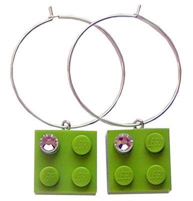 ​Light Green LEGO® brick 2x2 with a ‘Diamond’ color SWAROVSKI® crystal on a Silver plated hoop