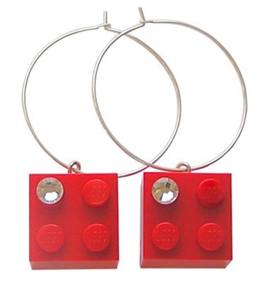 ​Red LEGO® brick 2x2 with a ‘Diamond’ color SWAROVSKI® crystal on a Silver plated hoop