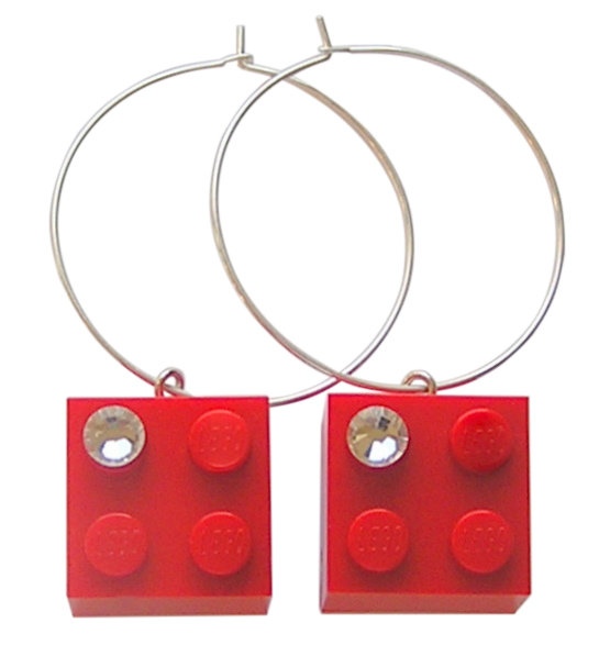 ​Red LEGO® brick 2x2 with a ‘Diamond’ color SWAROVSKI® crystal on a Silver plated hoop