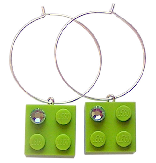 ​Light Green LEGO® brick 2x2 with a Green SWAROVSKI® crystal on a Silver plated hoop
