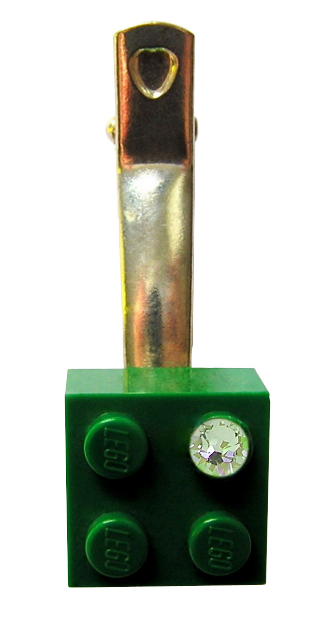 ​Dark Green LEGO® brick 2x2 with a ‘Diamond’ color SWAROVSKI® crystal on a Silver plated hair clip (one piece)​
