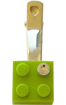 ​Light Green LEGO® brick 2x2 with a ‘Diamond’ color SWAROVSKI® crystal on a Silver plated hair clip (one piece)​
