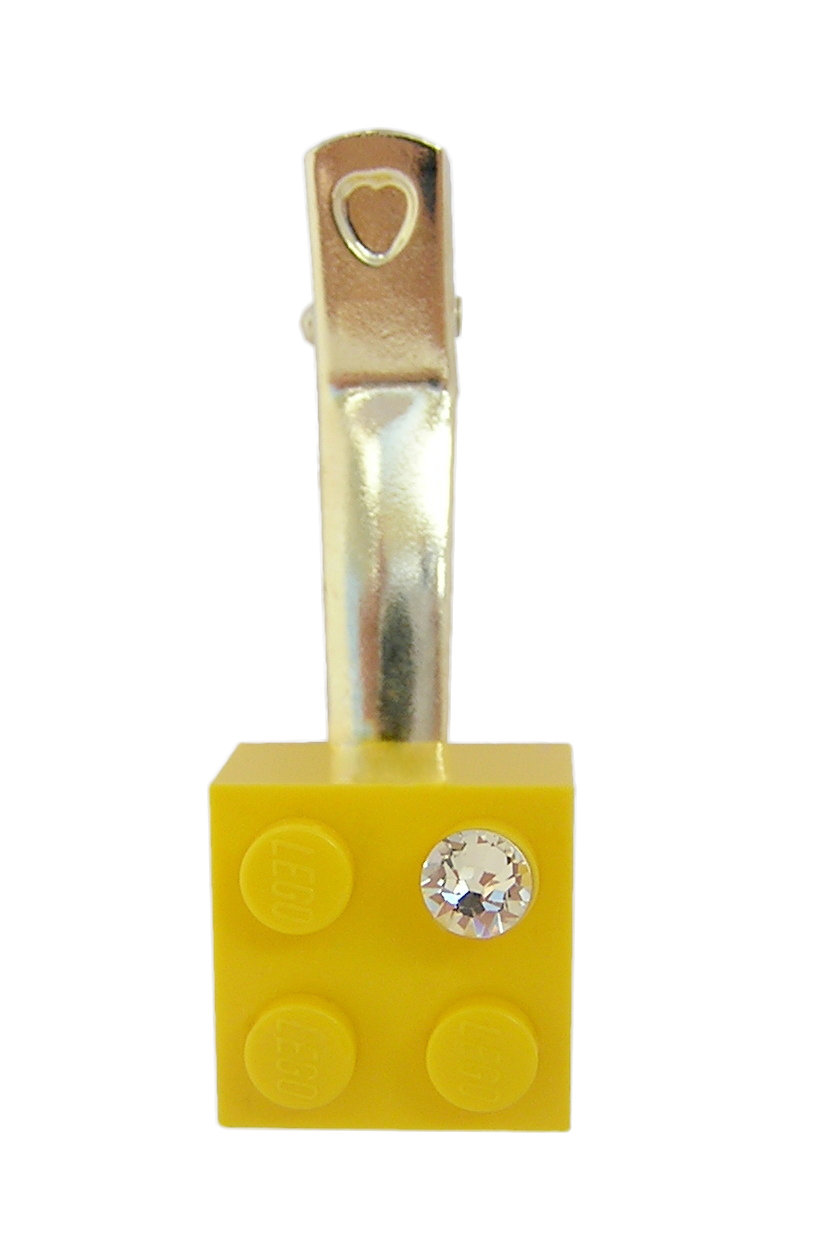 ​Yellow LEGO® brick 2x2 with a ‘Diamond’ color SWAROVSKI® crystal on a Silver plated hair clip (one piece)​