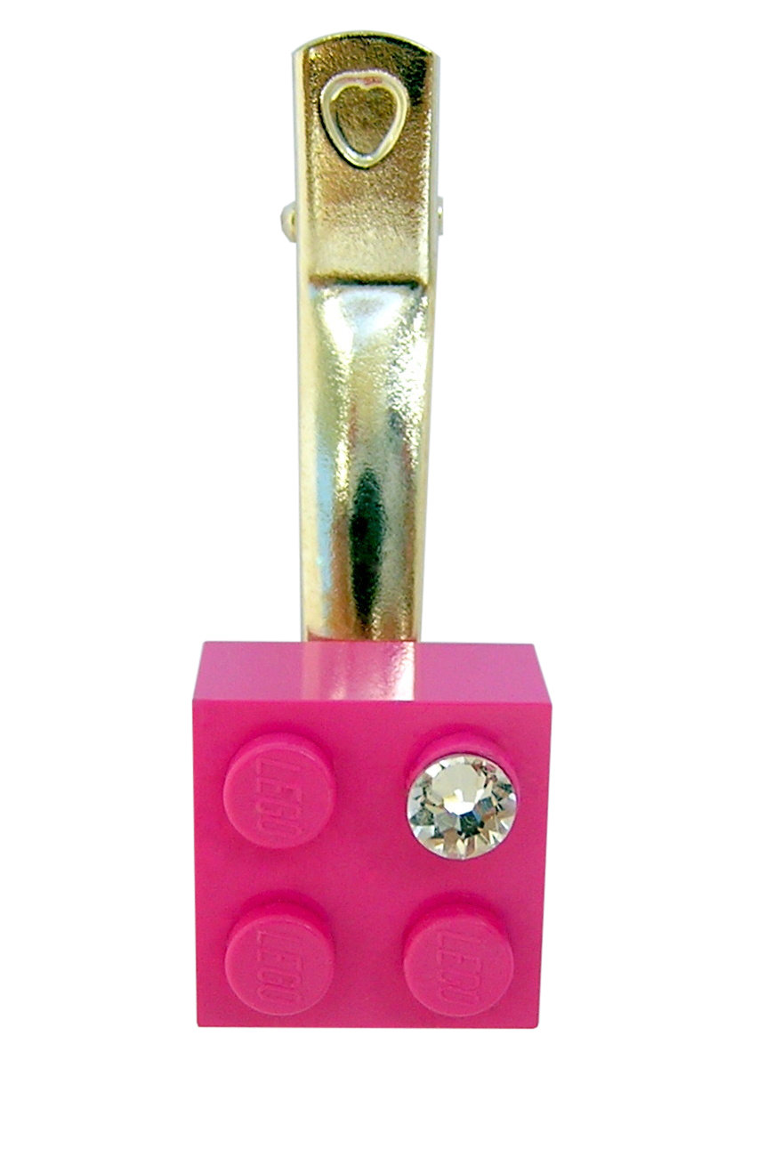 ​Dark Pink LEGO® brick 2x2 with a ‘Diamond’ color SWAROVSKI® crystal on a Silver plated hair clip (one piece)​