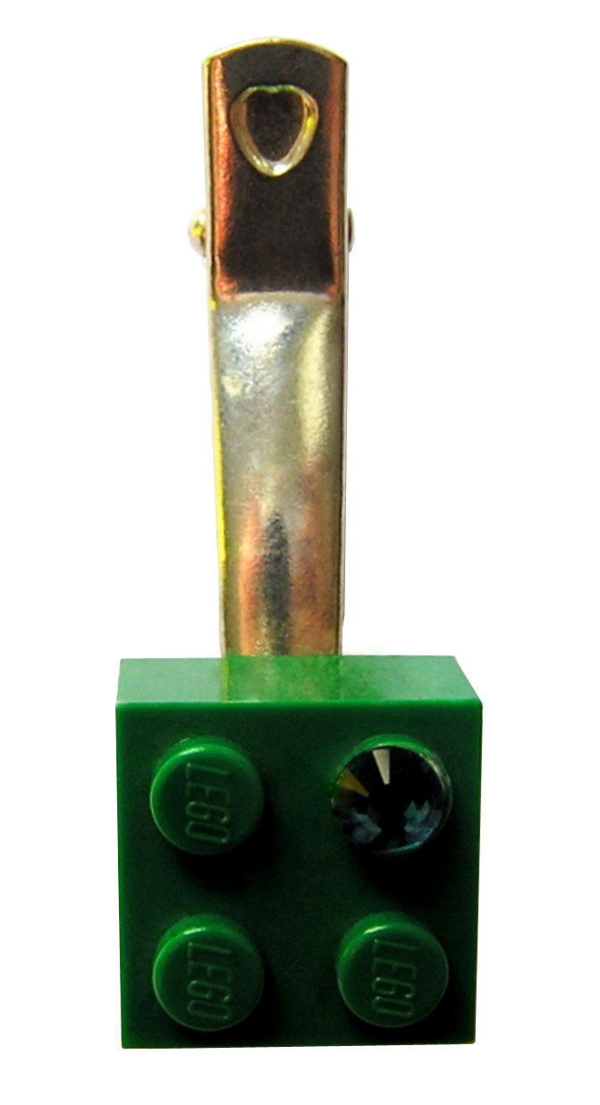 Dark Green LEGO® brick 2x2 with a Green SWAROVSKI® crystal on a Silver plated hair clip (one piece)