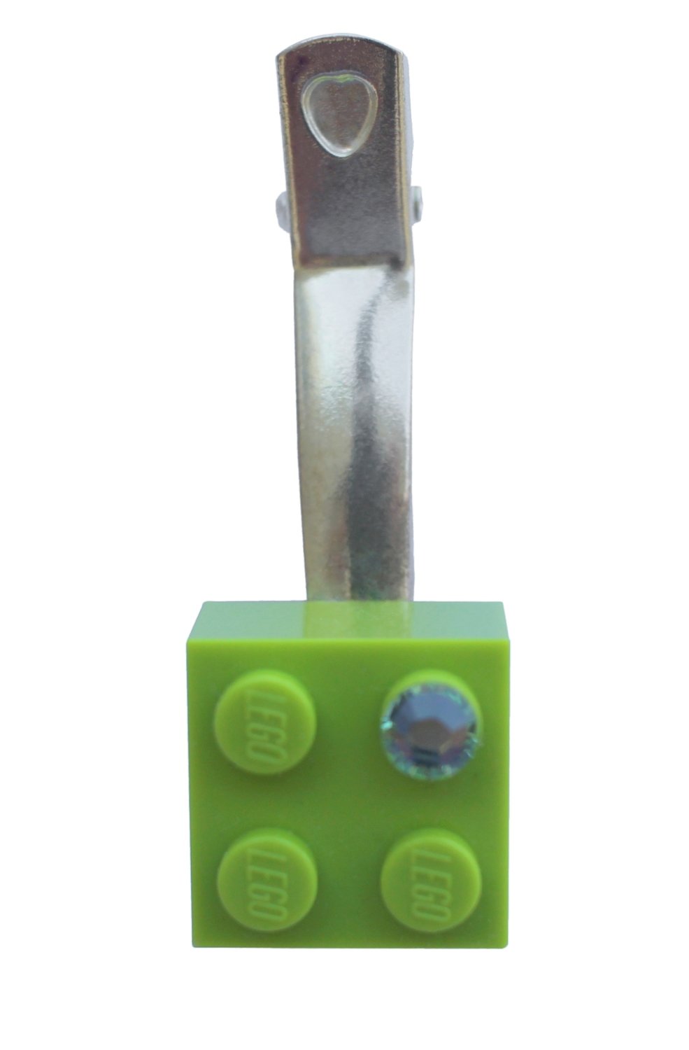 ​Light Green LEGO® brick 2x2 with a Green SWAROVSKI® crystal on a Silver plated hair clip (one piece)