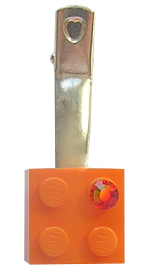 Orange LEGO® brick 2x2 with an Orange SWAROVSKI® crystal on a Silver plated hair clip (one piece)