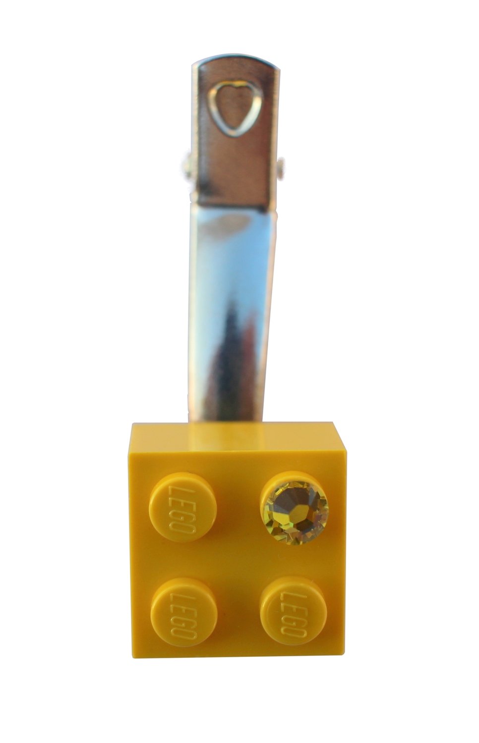 ​Yellow LEGO® brick 2x2 with a Yellow SWAROVSKI® crystal on a Silver plated hair clip (one piece)​