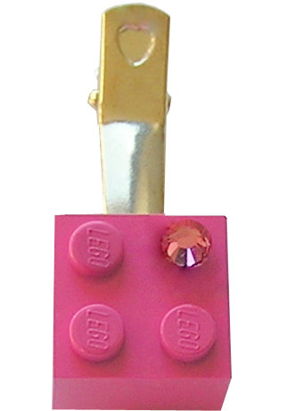 ​Dark Pink LEGO® brick 2x2 with a Pink SWAROVSKI® crystal on a Silver plated hair clip (one piece)