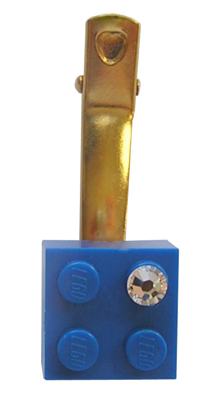 ​Dark Blue LEGO® brick 2x2 with a ‘Diamond’ color SWAROVSKI® crystal on a Gold plated hair clip (one piece)​