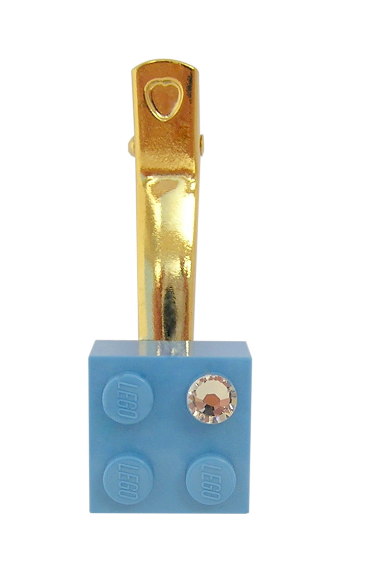 ​Light Blue LEGO® brick 2x2 with a ‘Diamond’ color SWAROVSKI® crystal on a Gold plated hair clip (one piece)