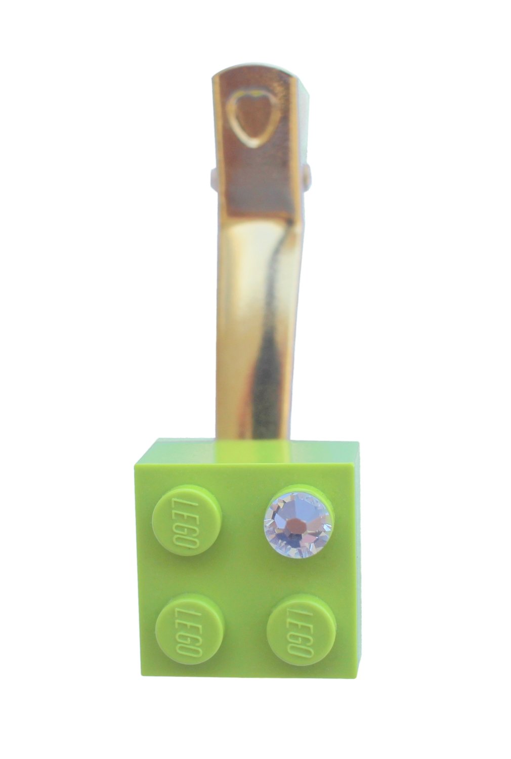 Light Green LEGO® brick 2x2 with a ‘Diamond’ color SWAROVSKI® crystal on a Gold plated hair clip (one piece)