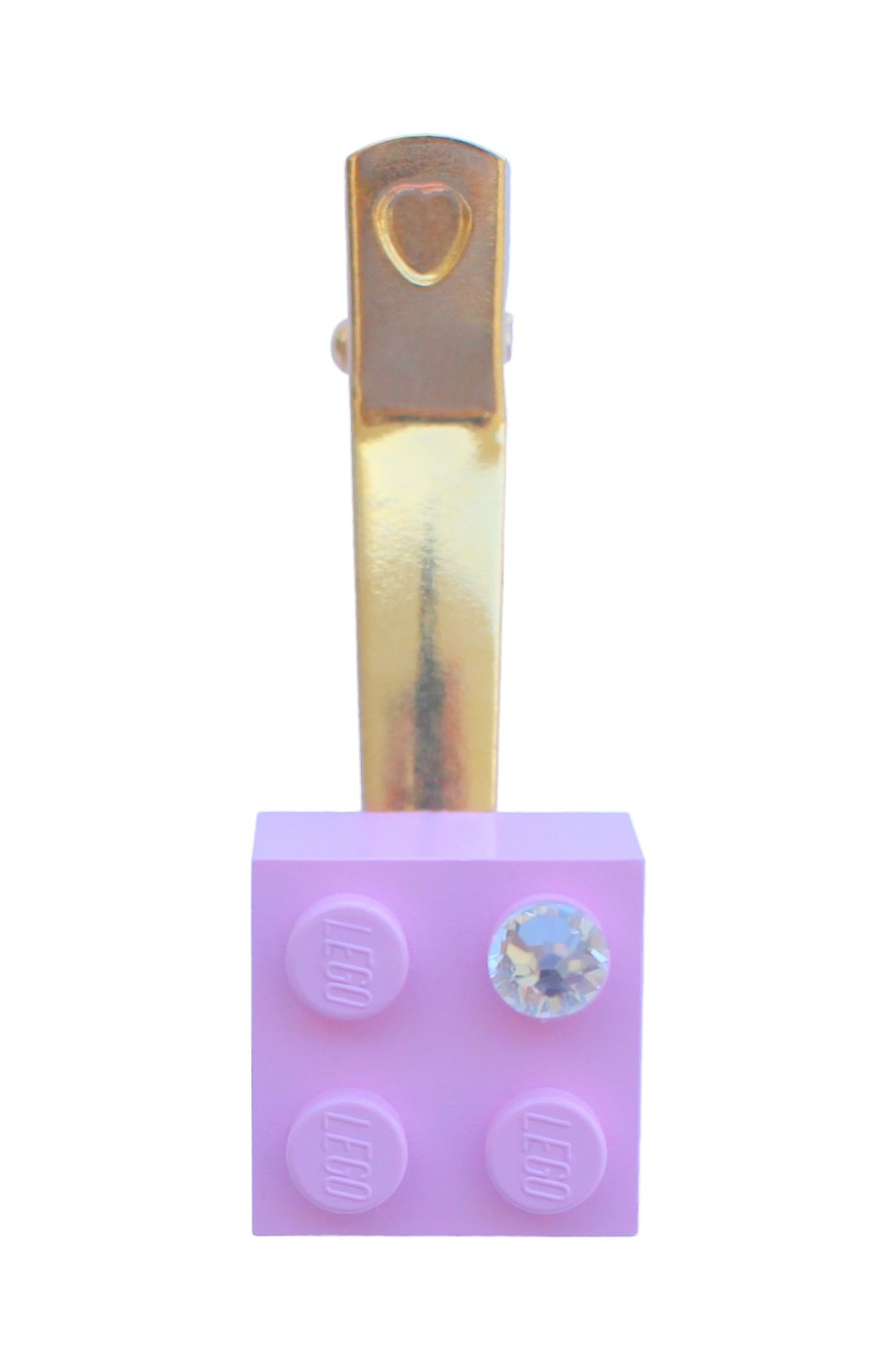 ​Light Pink LEGO® brick 2x2 with a ‘Diamond’ color SWAROVSKI® crystal on a Gold plated hair clip (one piece)