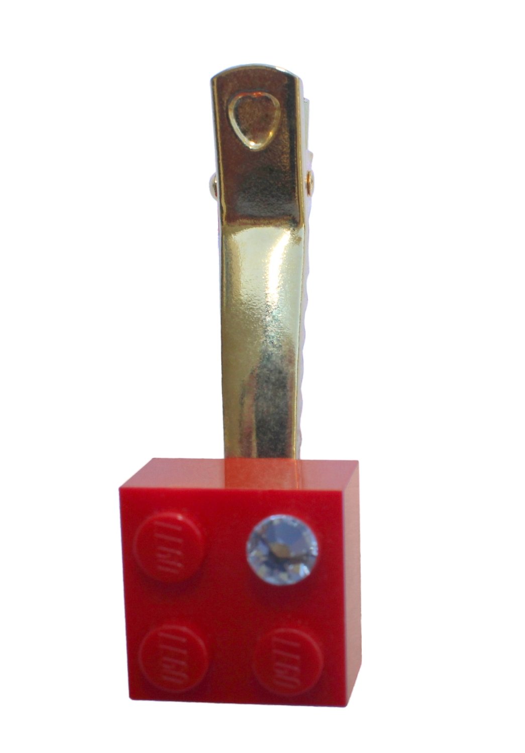 ​Red LEGO® brick 2x2 with a ‘Diamond’ color SWAROVSKI® crystal on a Gold plated hair clip (one piece)