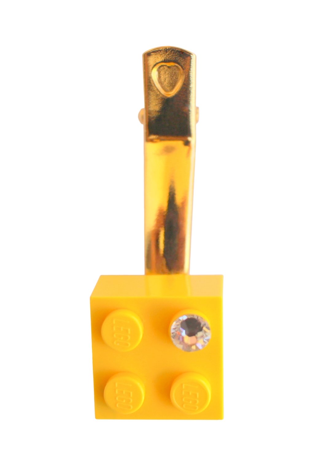 ​Yellow LEGO® brick 2x2 with a ‘Diamond’ color SWAROVSKI® crystal on a Gold plated hair clip (one piece)