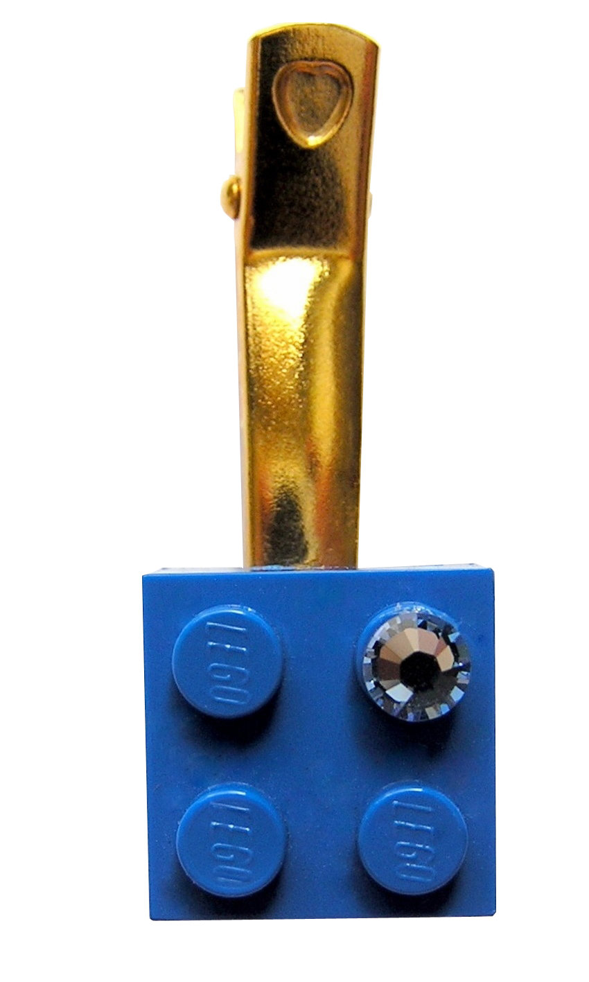 ​Dark Blue LEGO® brick 2x2 with a Blue SWAROVSKI® crystal on a Gold plated hair clip (one piece)